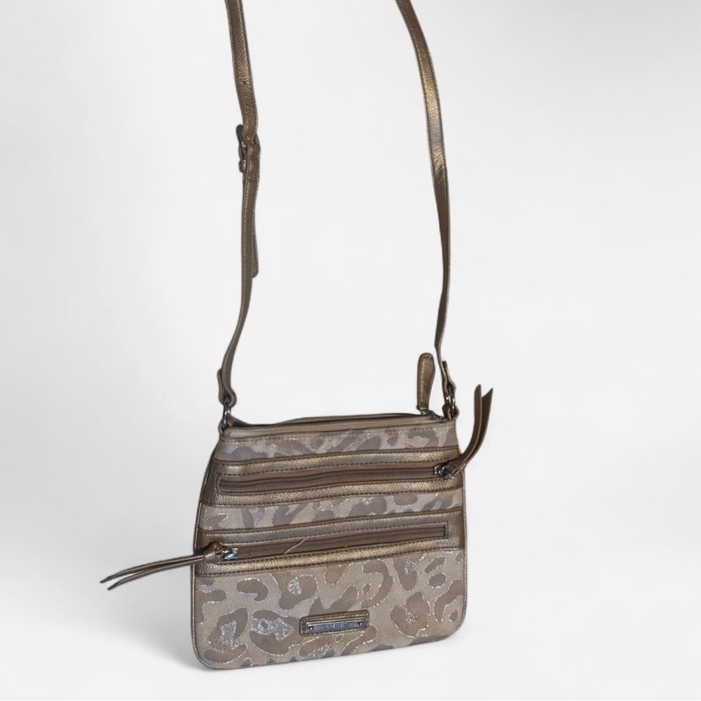 Nine West Metallic Leopard Print Crossbody – Triple Zip Shoulder Bag